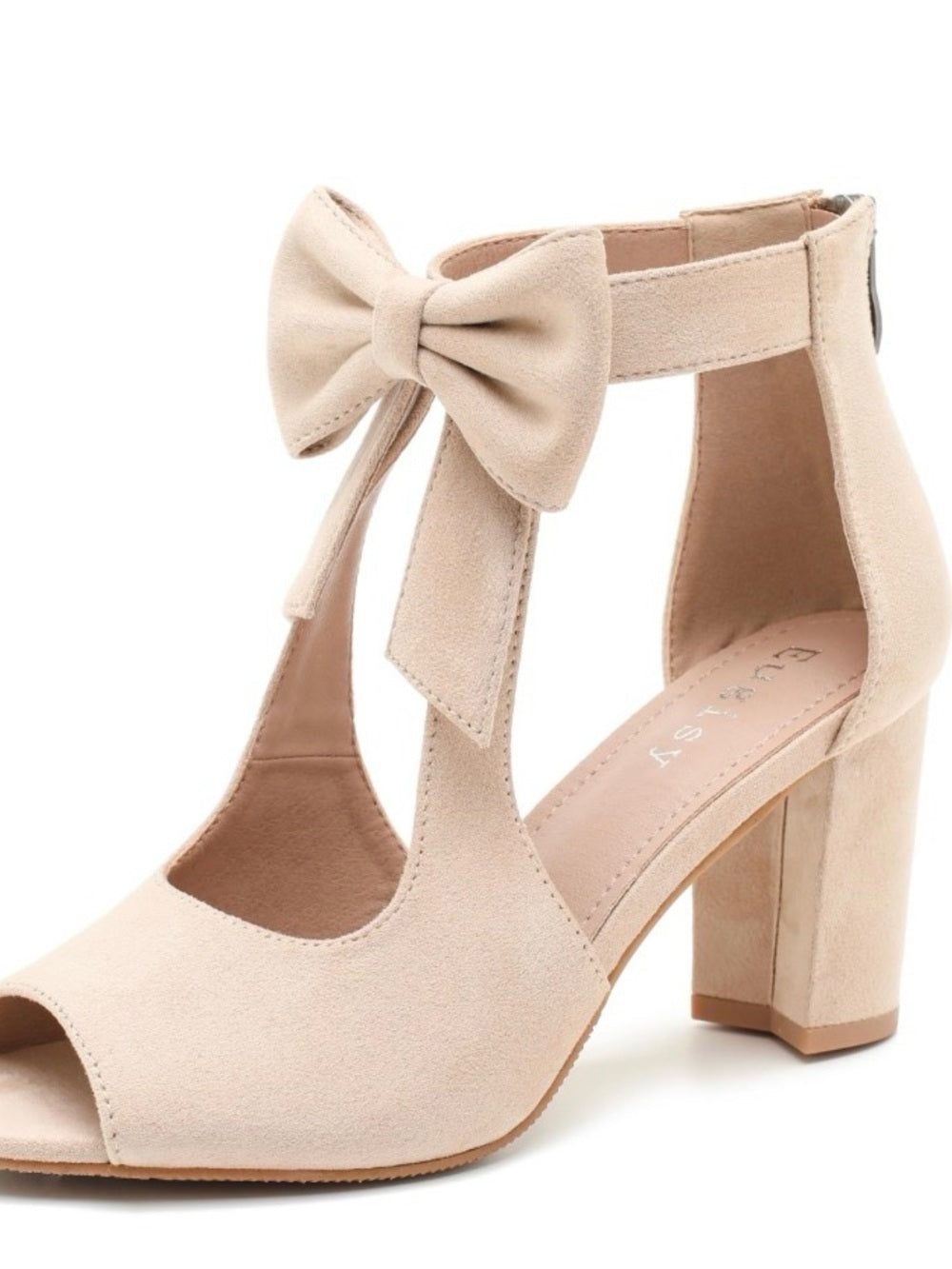 Ankle-Tie Bow Peep-Toe Heels in Tan