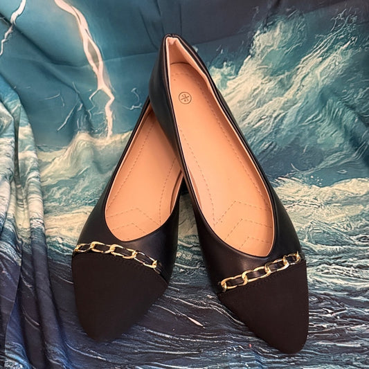 Women's Black Pointed Chain-Accent Flats