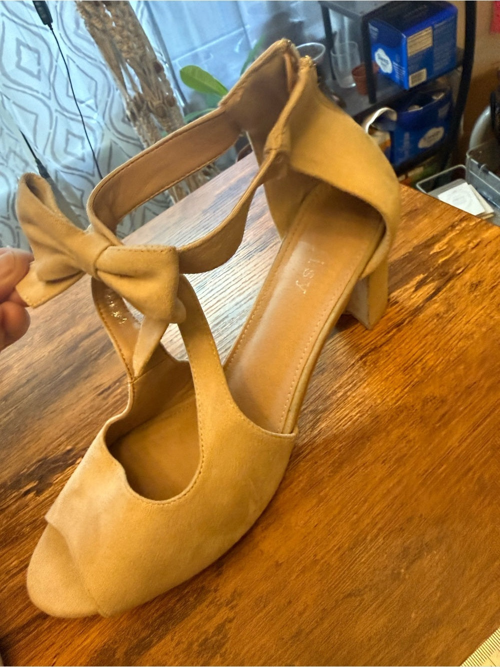Ankle-Tie Bow Peep-Toe Heels in Tan