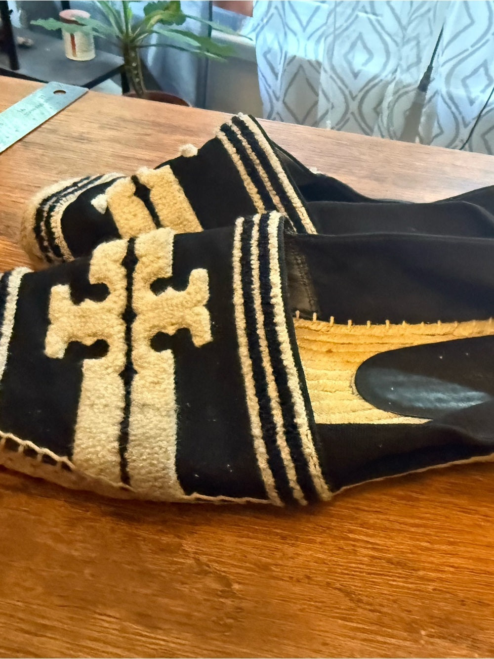 Authentic Tory Burch Black and Cream Logo Espadrille Slip-Ons
