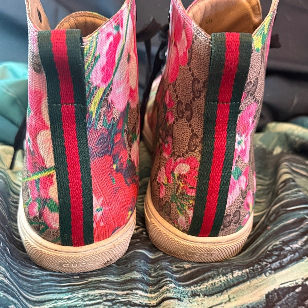 Floral High-Top Lace-Up Boots in Pink and Green