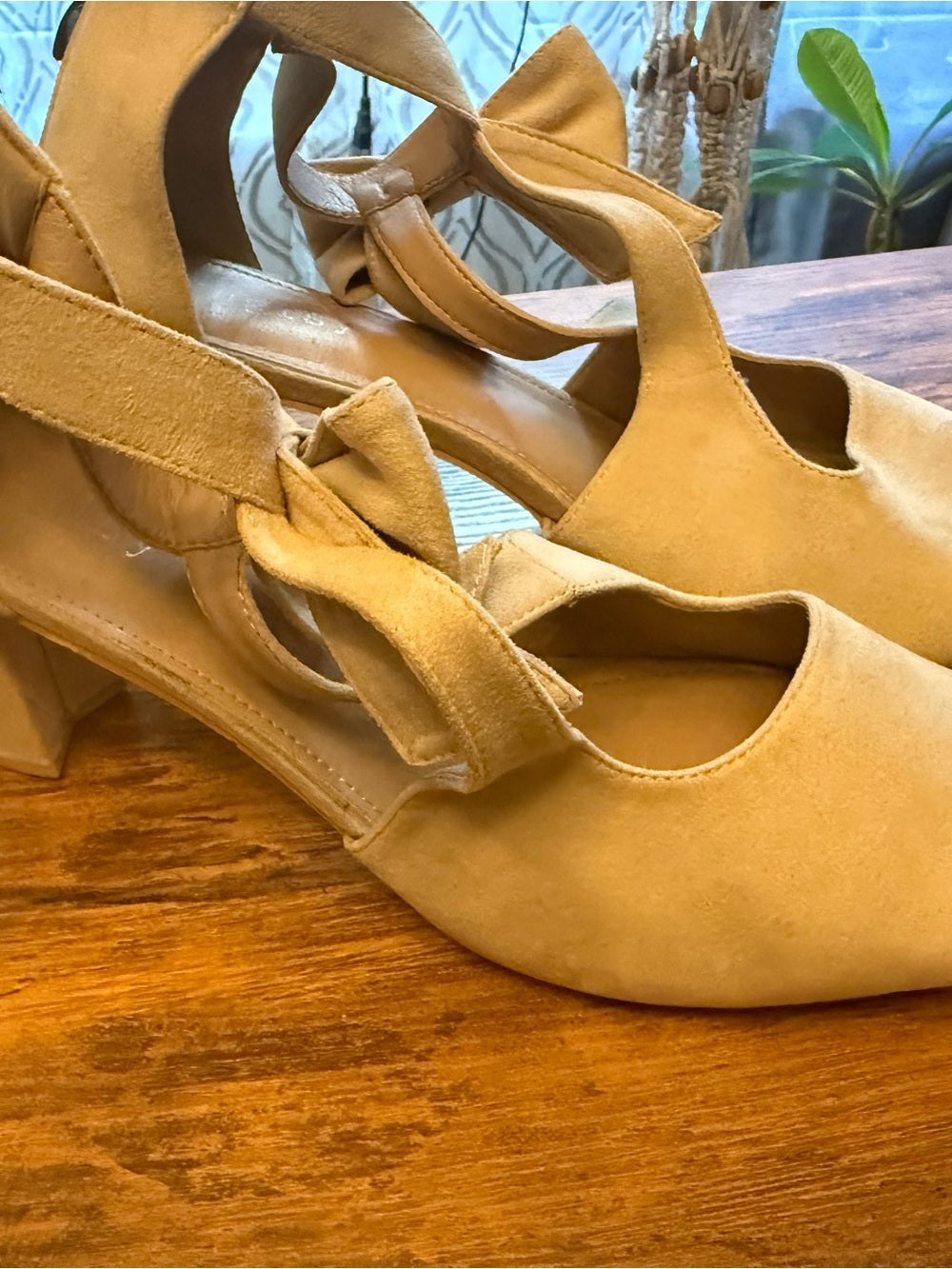 Ankle-Tie Bow Peep-Toe Heels in Tan