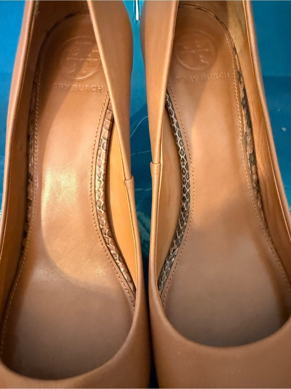Tory Burch Burnt Orange Snakeprint Leather Pumps
