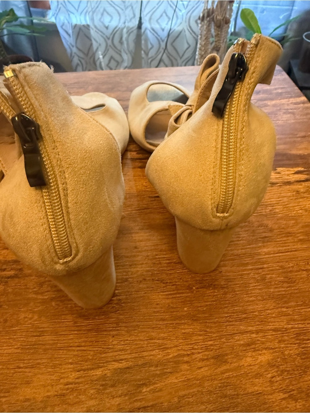 Ankle-Tie Bow Peep-Toe Heels in Tan
