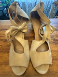 Ankle-Tie Bow Peep-Toe Heels in Tan