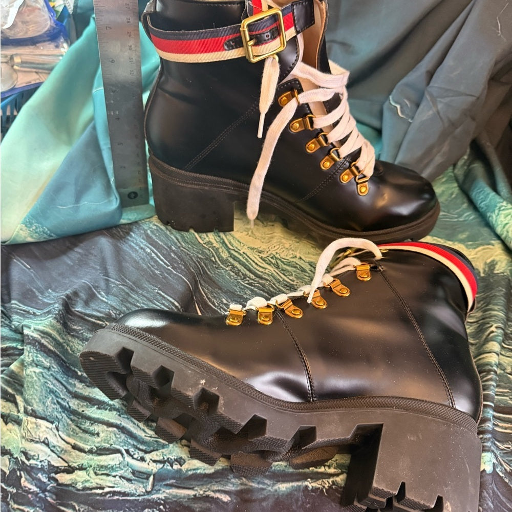 Black Lace-Up Leather Combat Boots with Gold Hardware NIB
