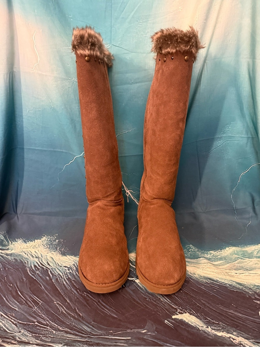 BearPaw Brown Suede Faux-Fur Tall Winter Boots with Stud Accents