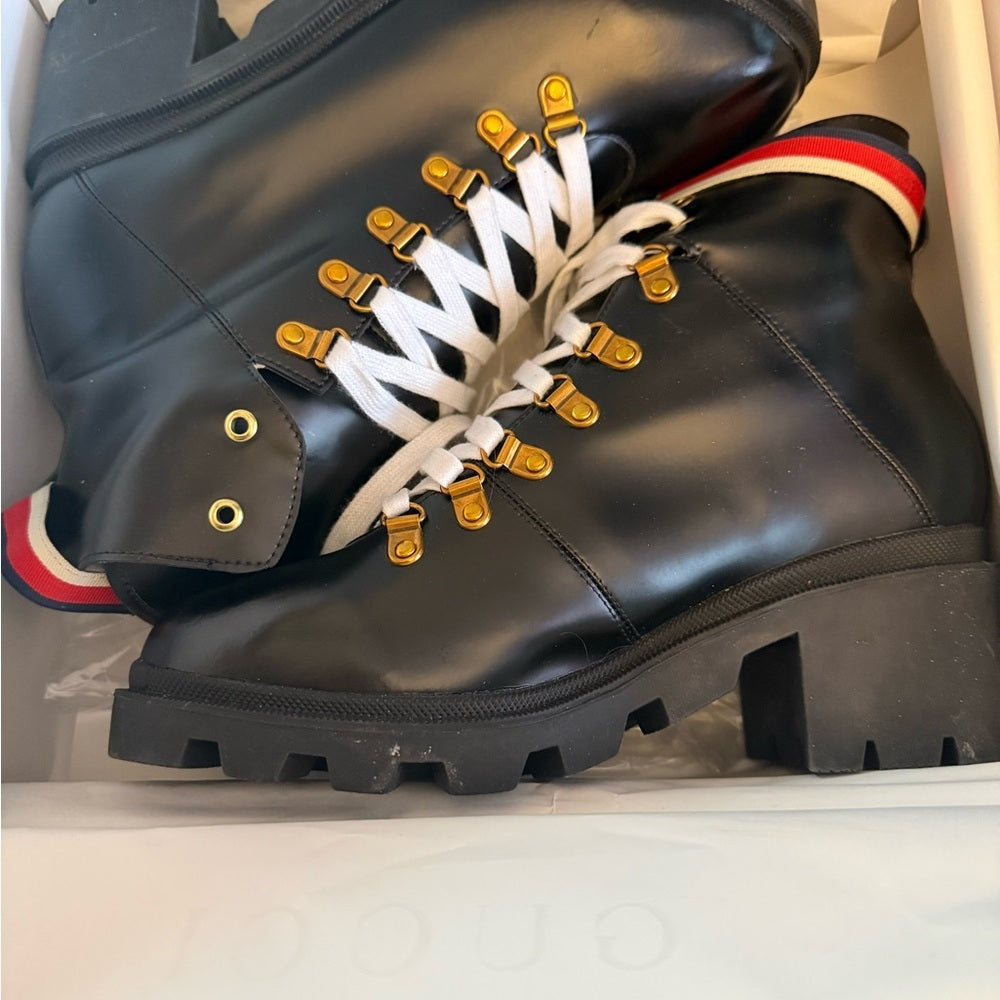 Black Lace-Up Leather Combat Boots with Gold Hardware NIB