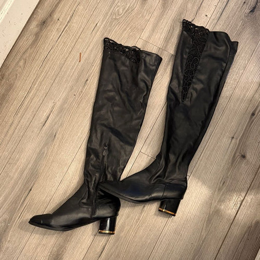 Black A Little Over-the-Knee Lace-Trim Block Heel Boots