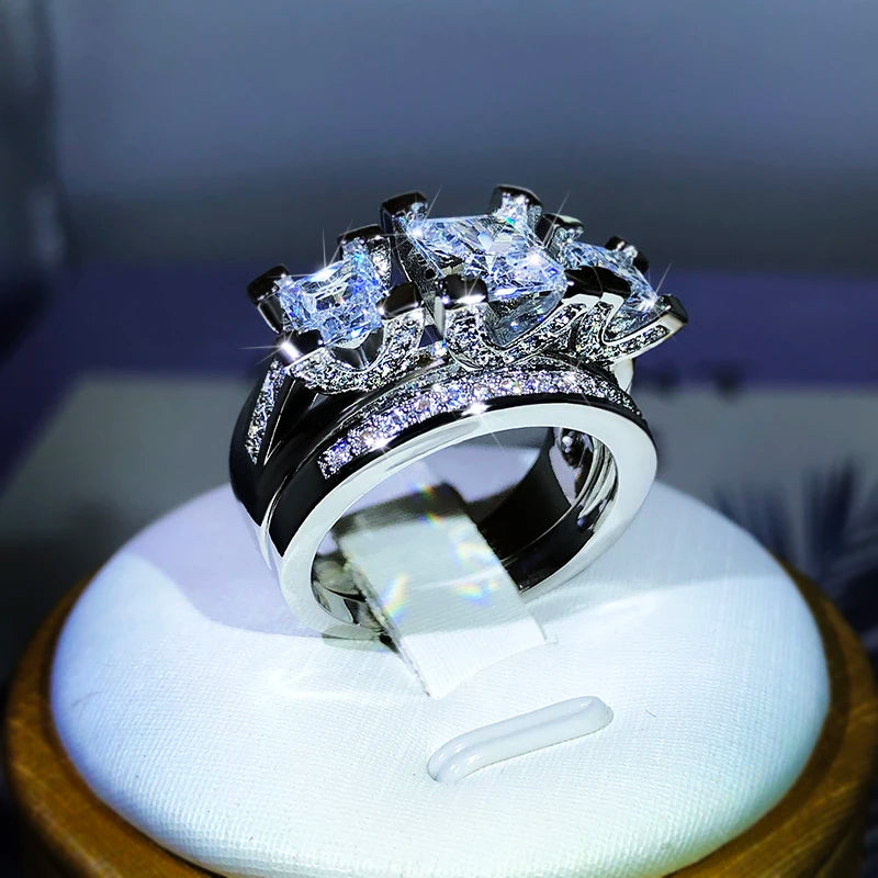 925 Sterling Silver Three Stone Ring Wedding Set