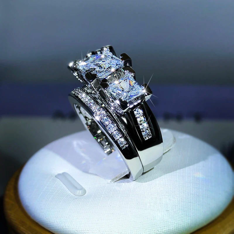 925 Sterling Silver Three Stone Ring Wedding Set