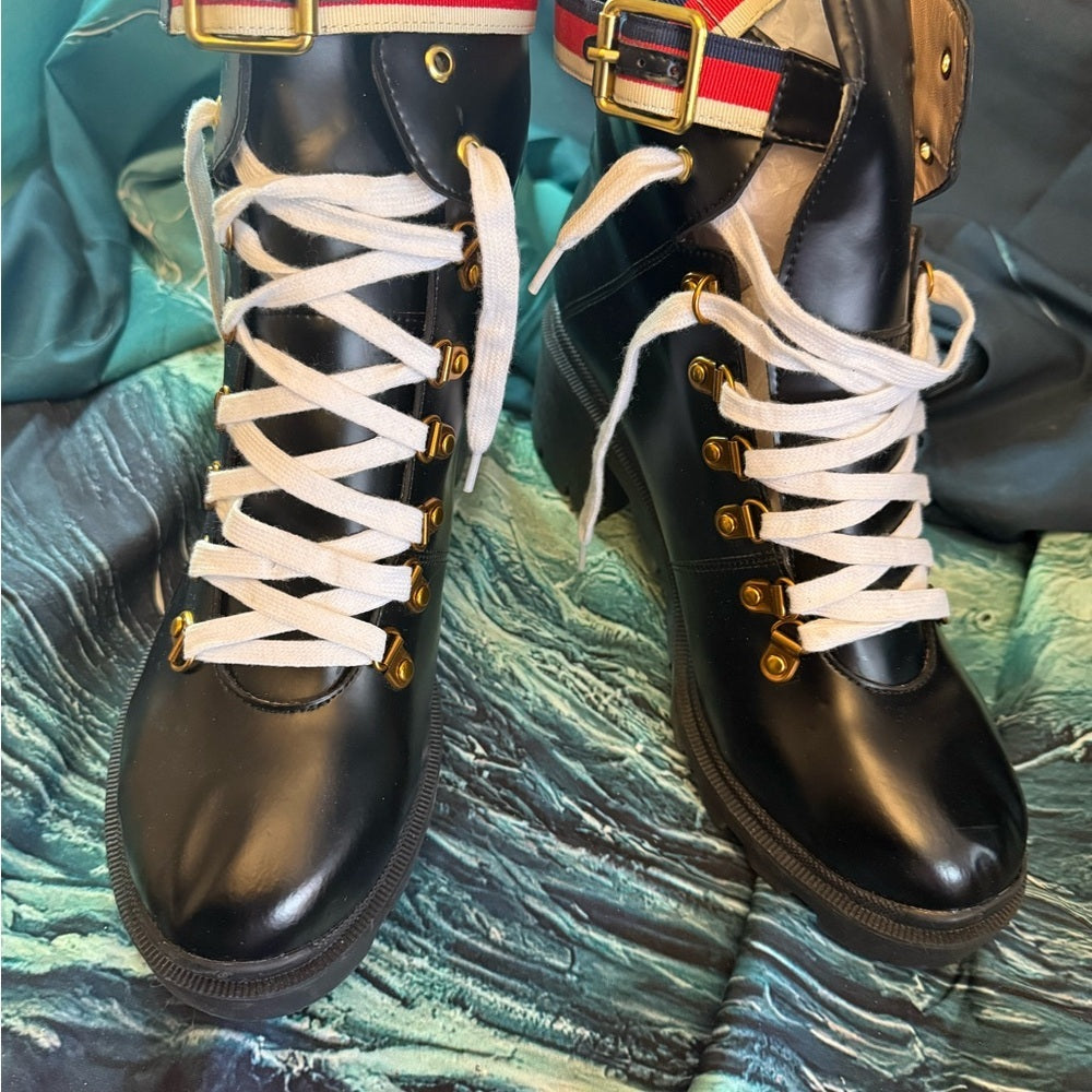 Black Lace-Up Leather Combat Boots with Gold Hardware NIB