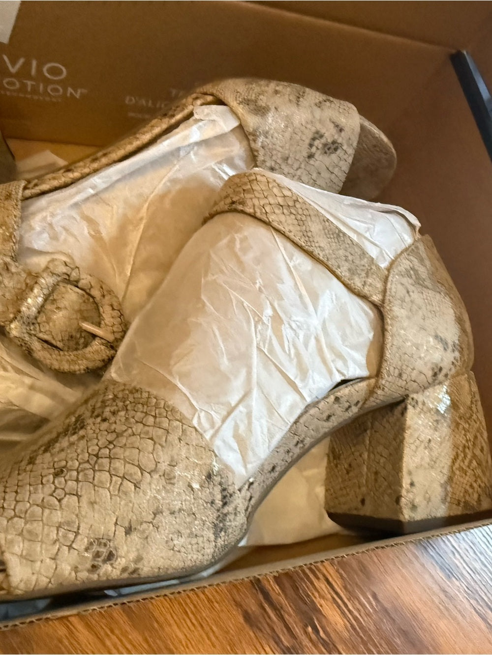 Vionic Taupe Snake-Print Block Heel Sandals