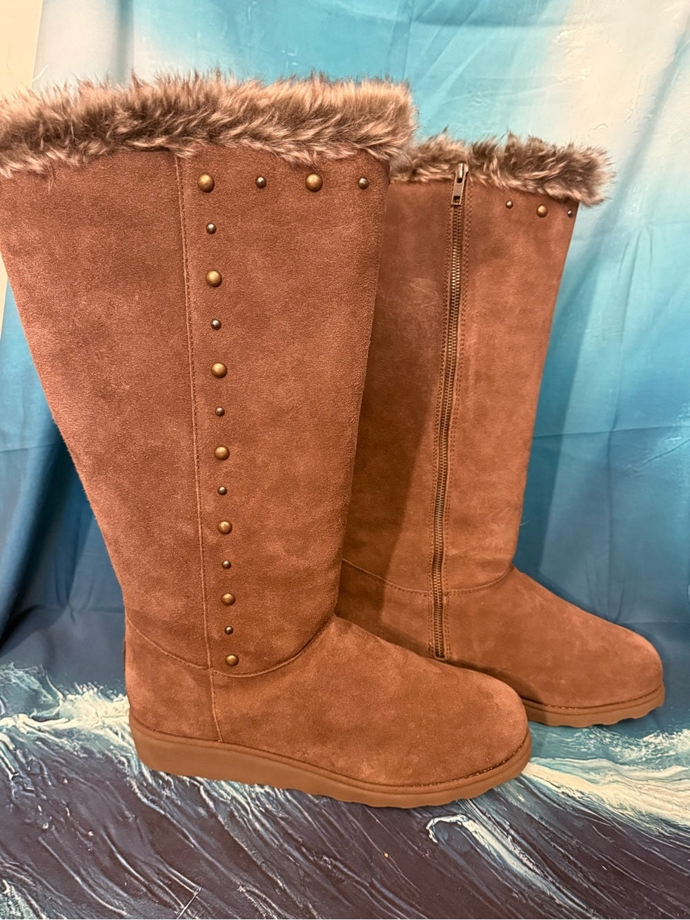 BearPaw Brown Suede Faux-Fur Tall Winter Boots with Stud Accents