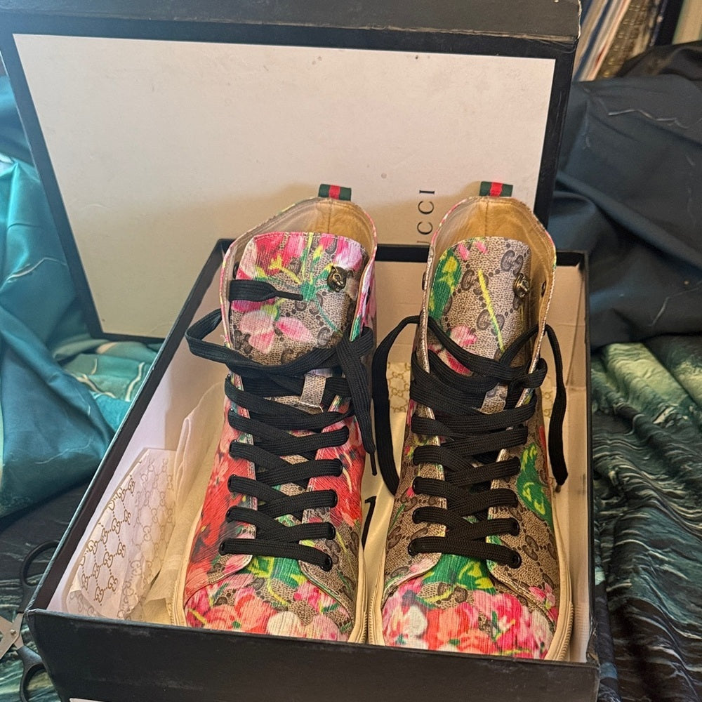 Floral High-Top Lace-Up Boots in Pink and Green
