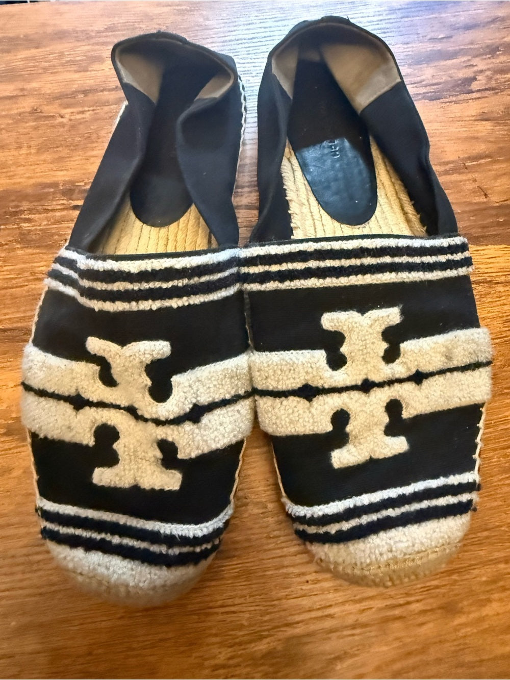 Authentic Tory Burch Black and Cream Logo Espadrille Slip-Ons