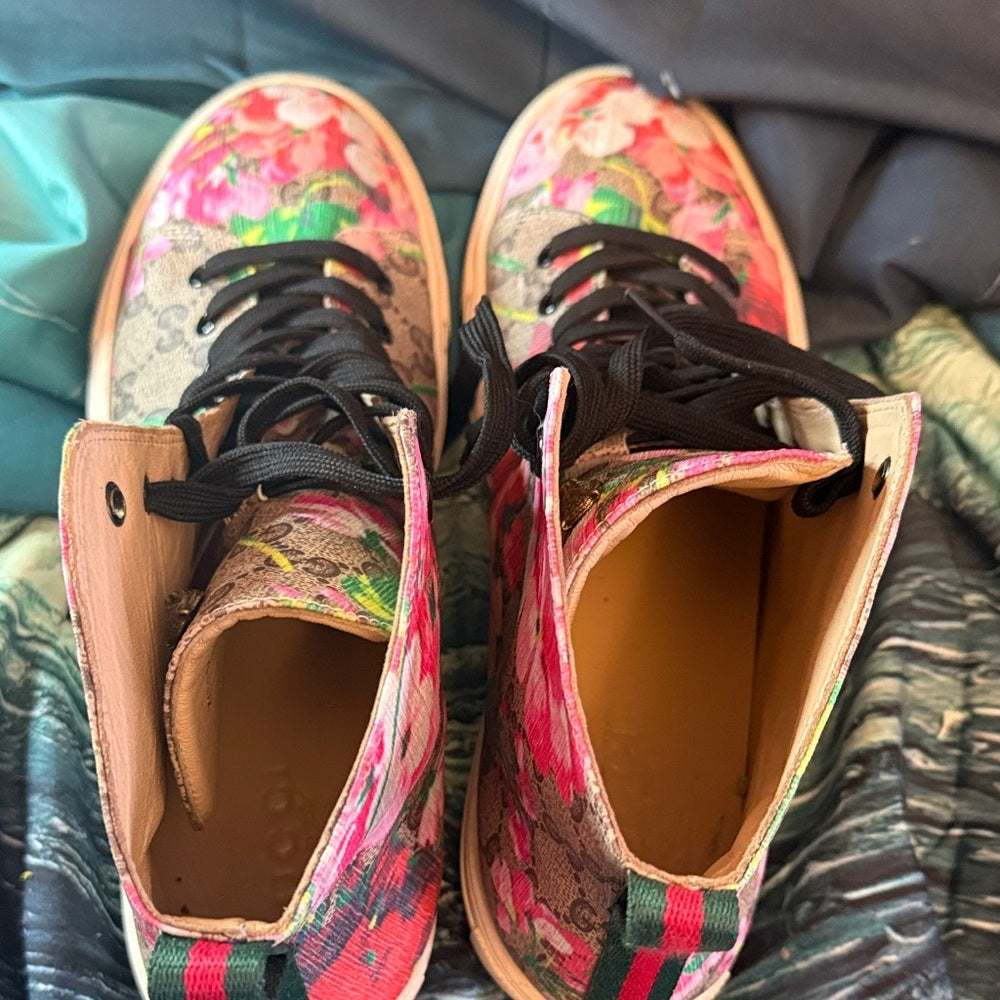 Floral High-Top Lace-Up Boots in Pink and Green