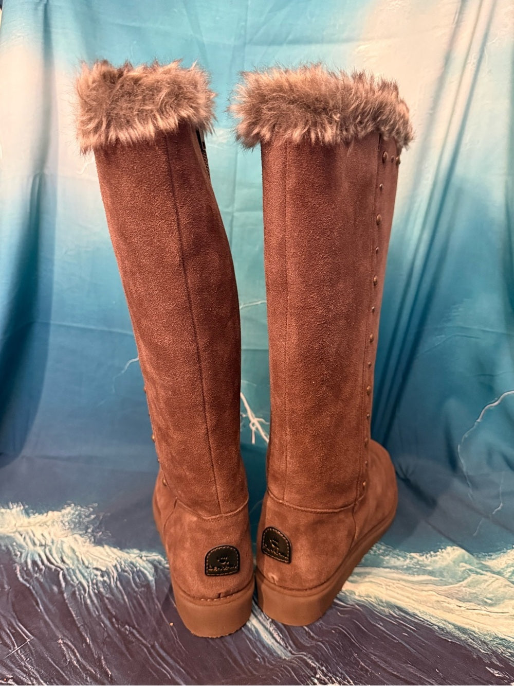BearPaw Brown Suede Faux-Fur Tall Winter Boots with Stud Accents
