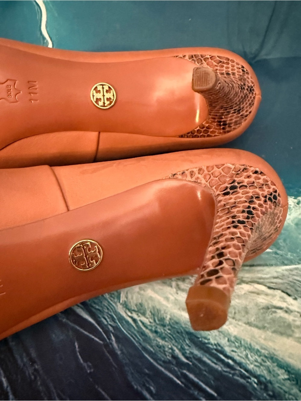 Tory Burch Burnt Orange Snakeprint Leather Pumps